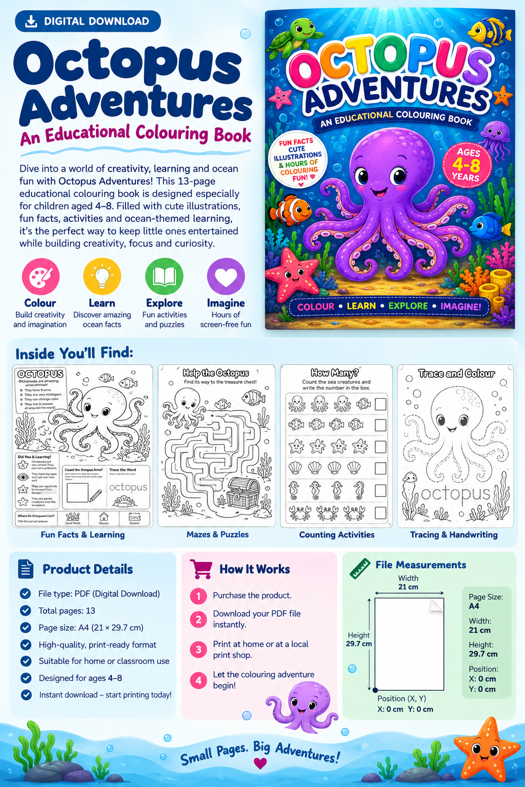 Octopus Adventures – Educational Colouring & Activity Book for Kids Ages 4–8 | 13-Page Digital PDF