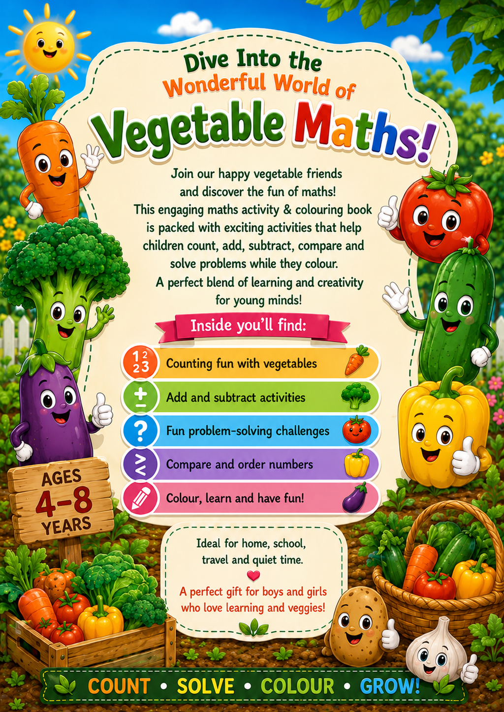 Vegetable Maths Activity & Colouring Book Ages 4–8 | Printable Maths PDF