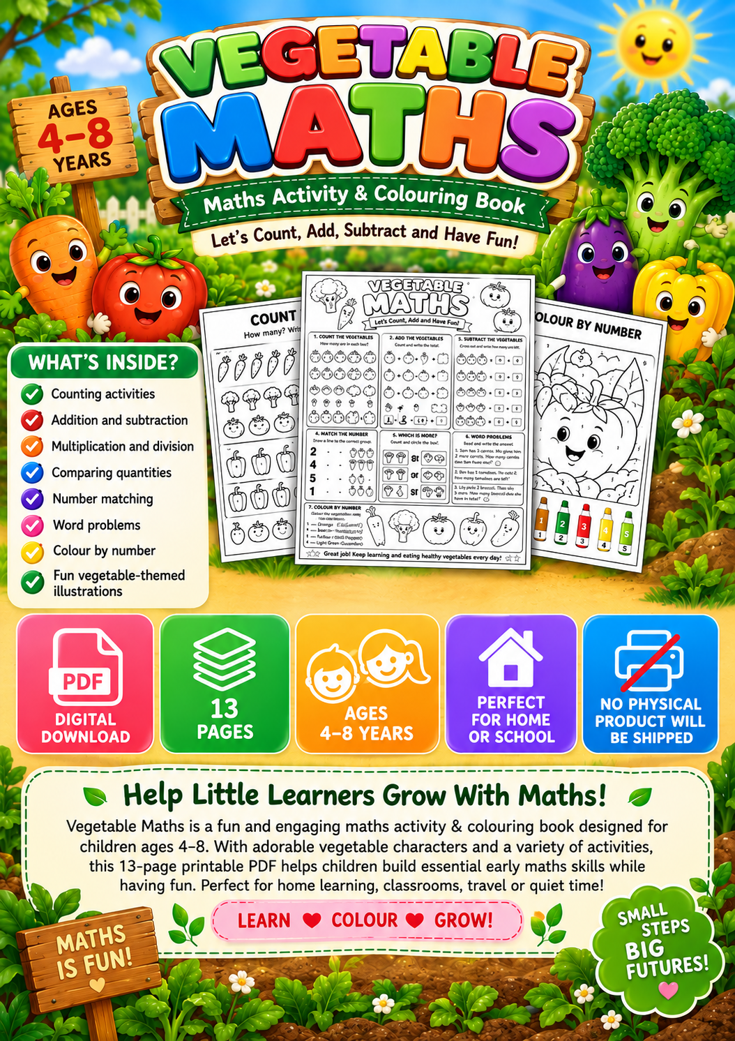 Vegetable Maths Activity & Colouring Book Ages 4–8 | Printable Maths PDF