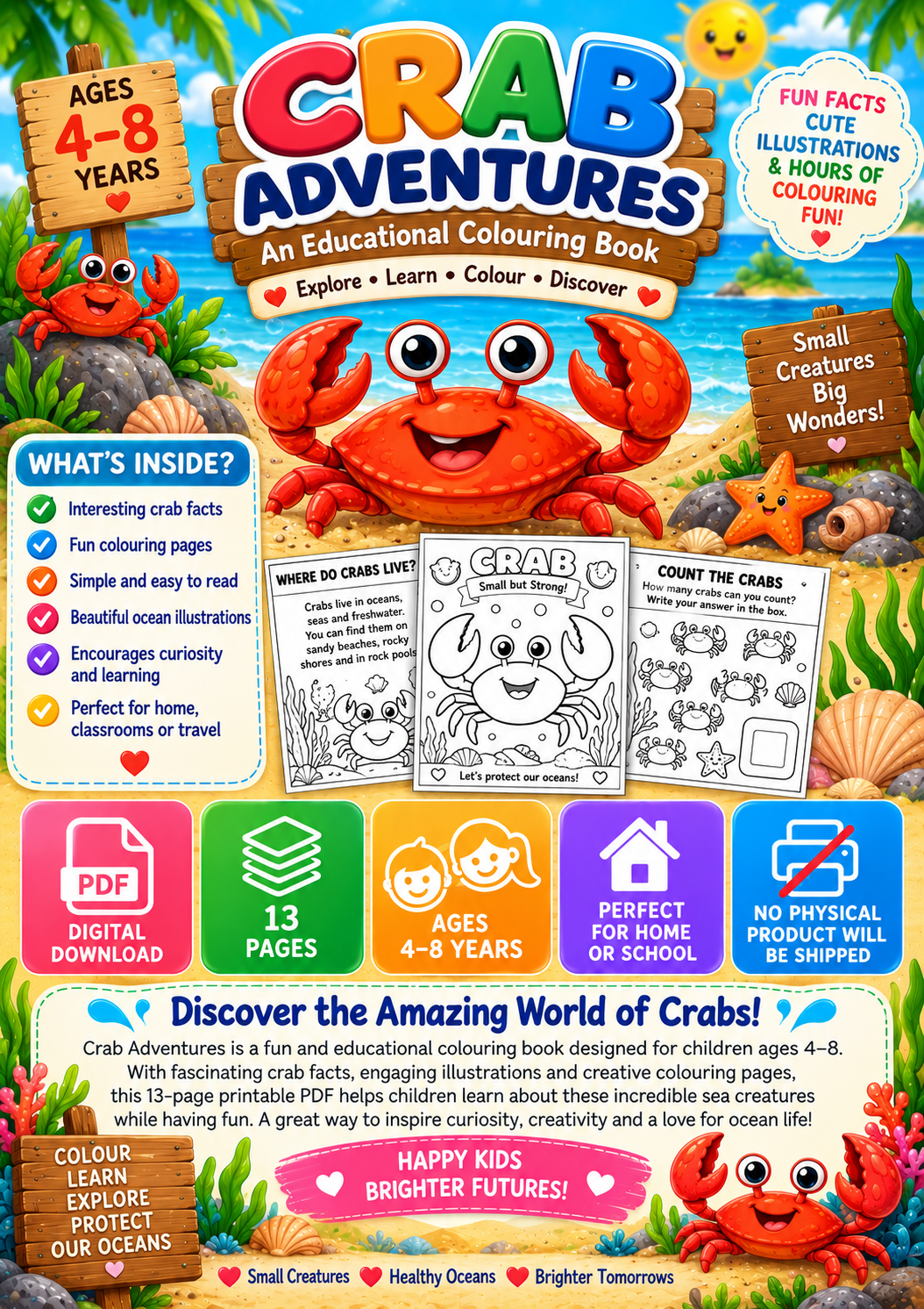 Crab Adventures | Educational Colouring Book Ages 4–8 | Printable PDF