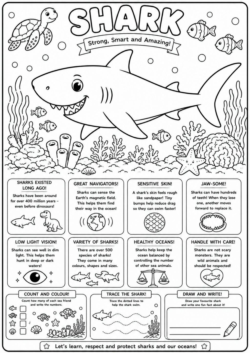 Shark Adventures | Educational Colouring Book Ages 4–8 | Printable PDF