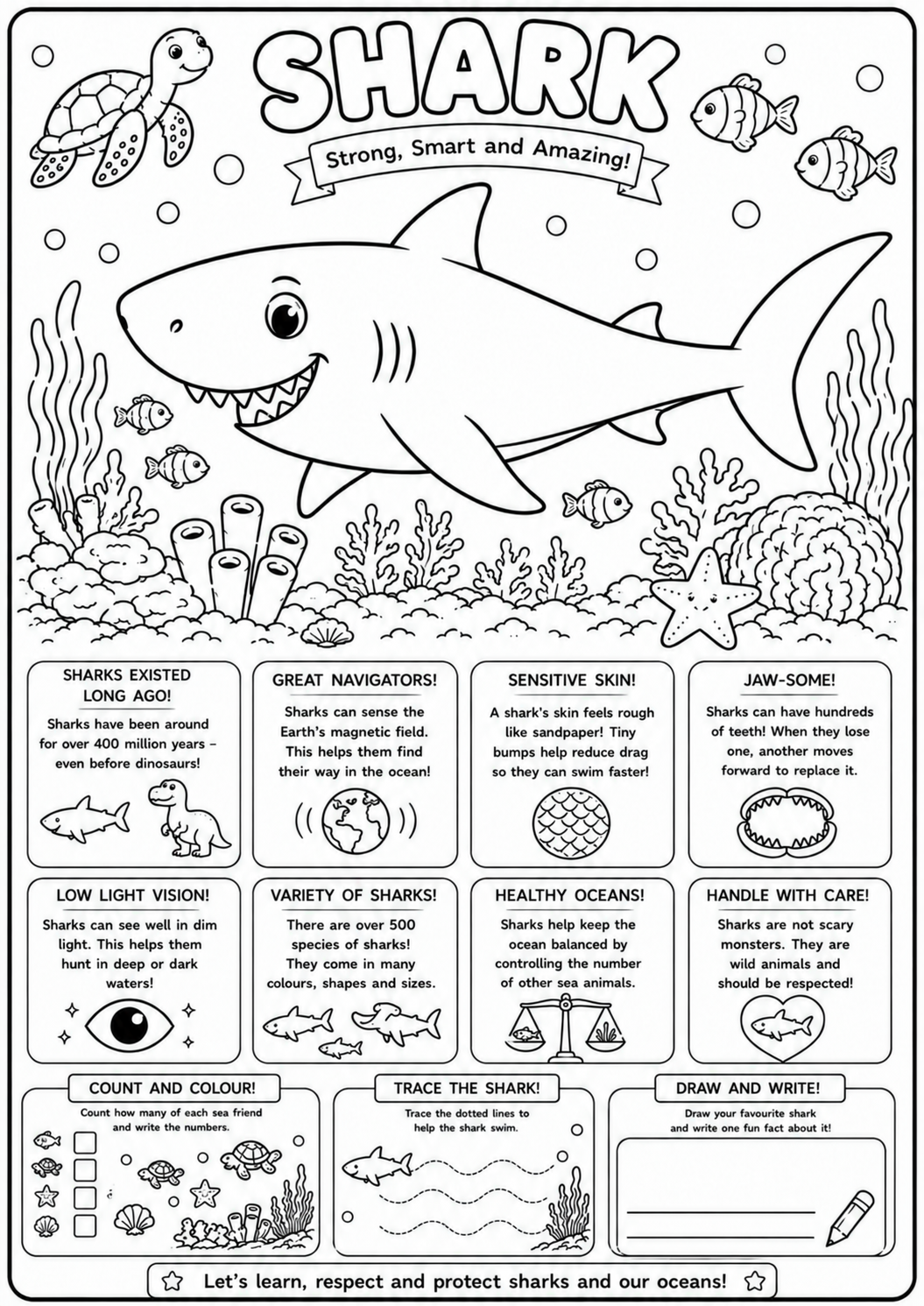 Shark Adventures | Educational Colouring Book Ages 4–8 | Printable PDF