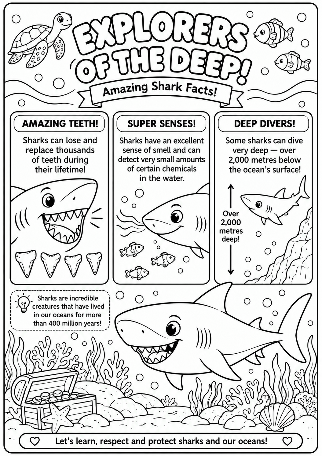 Shark Adventures | Educational Colouring Book Ages 4–8 | Printable PDF