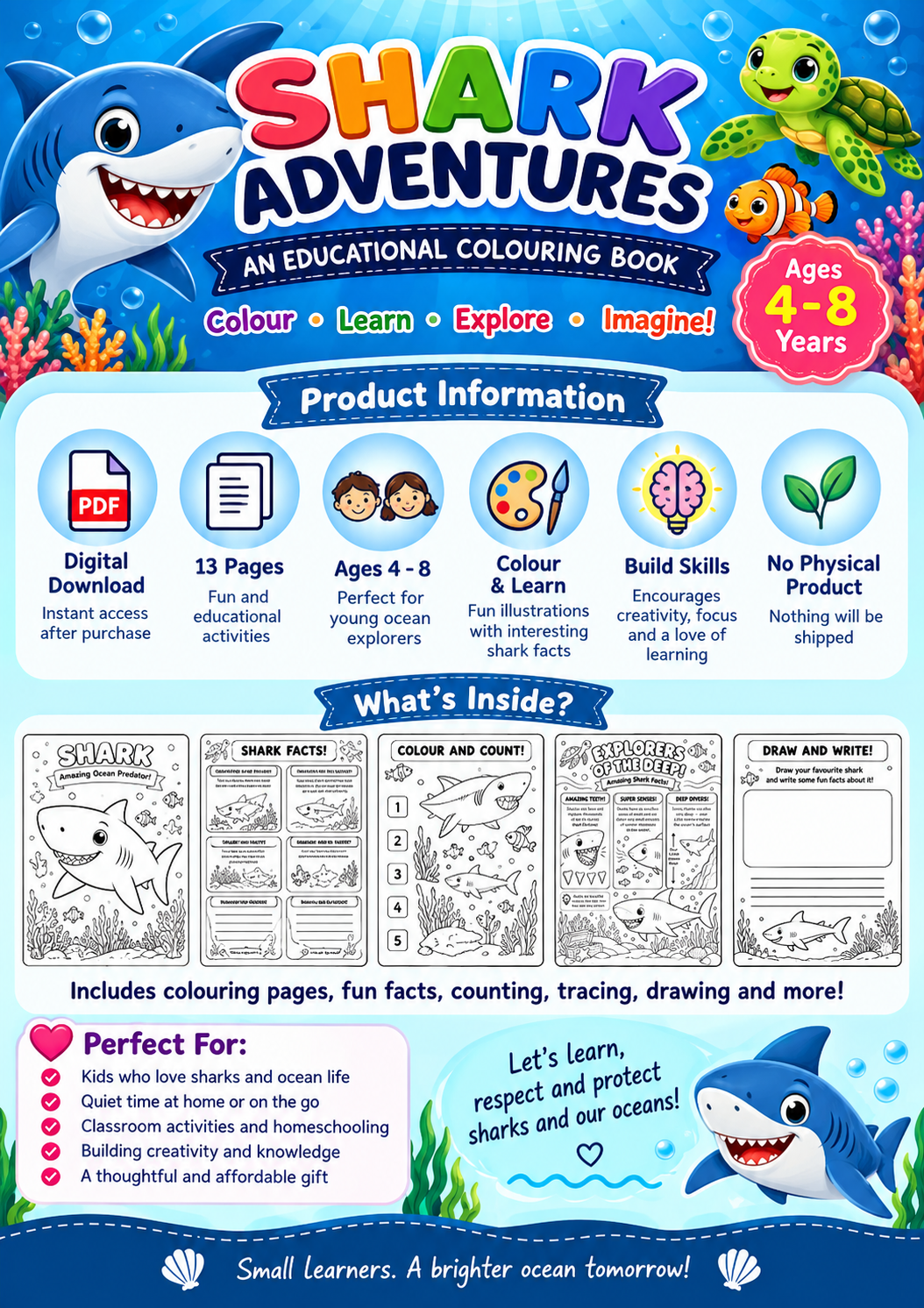 Shark Adventures | Educational Colouring Book Ages 4–8 | Printable PDF