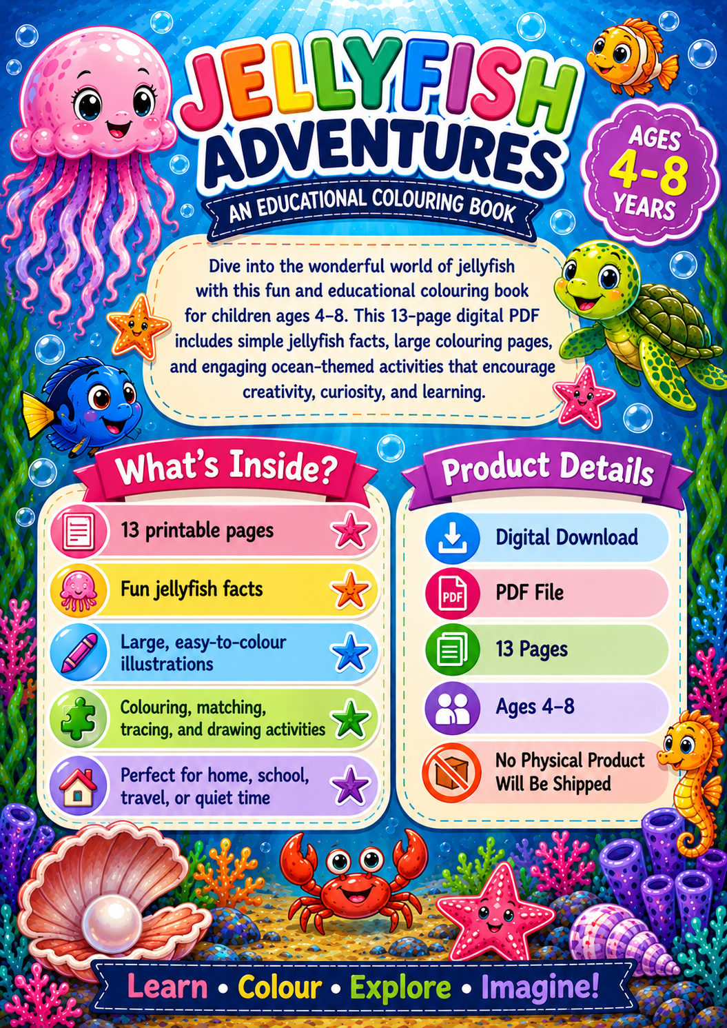 Jellyfish Adventures | Educational Colouring Book Ages 4–8 | Printable PDF