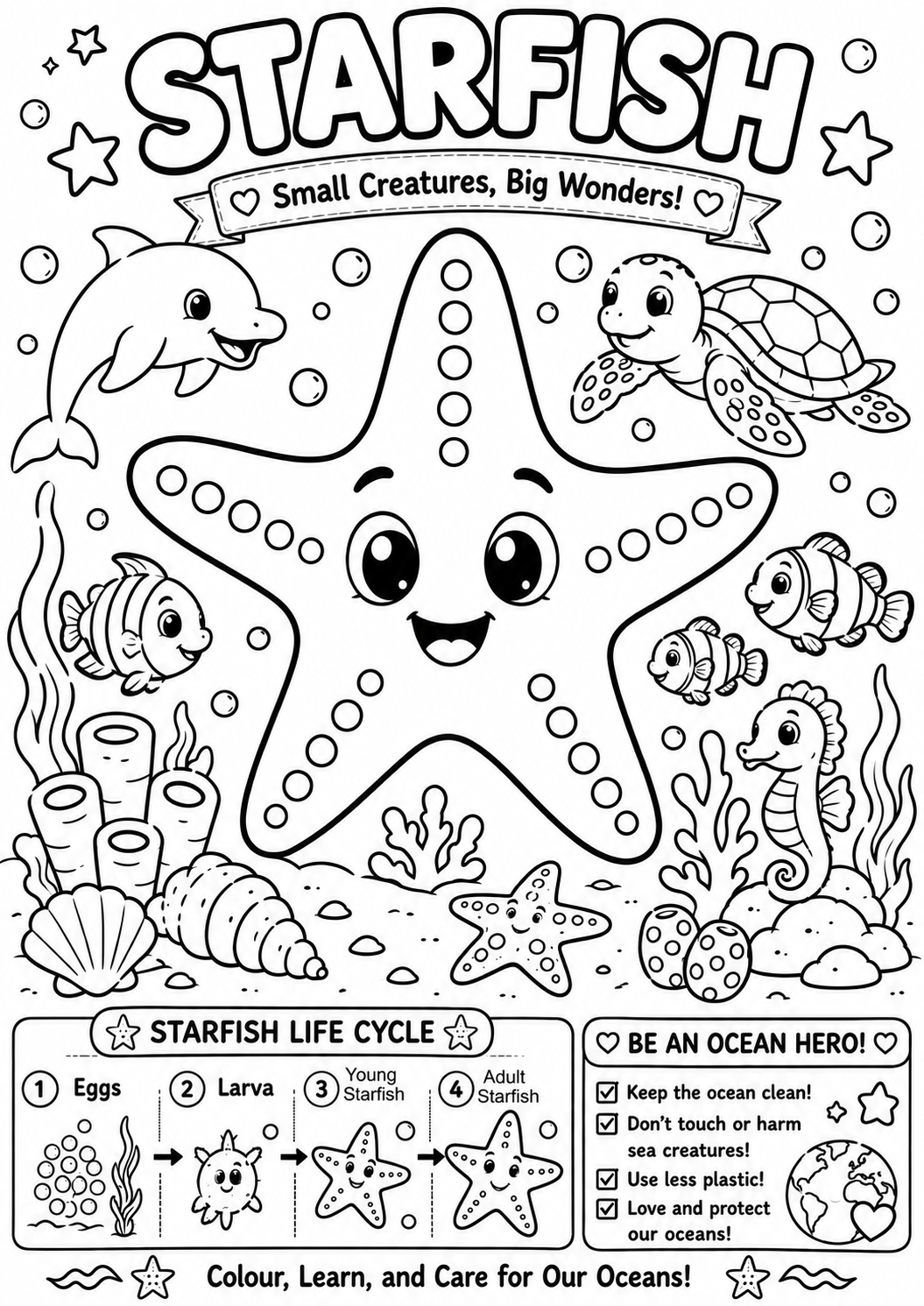 Starfish Colouring Book for Kids Ages 4–8 | Educational Ocean Activity PDF
