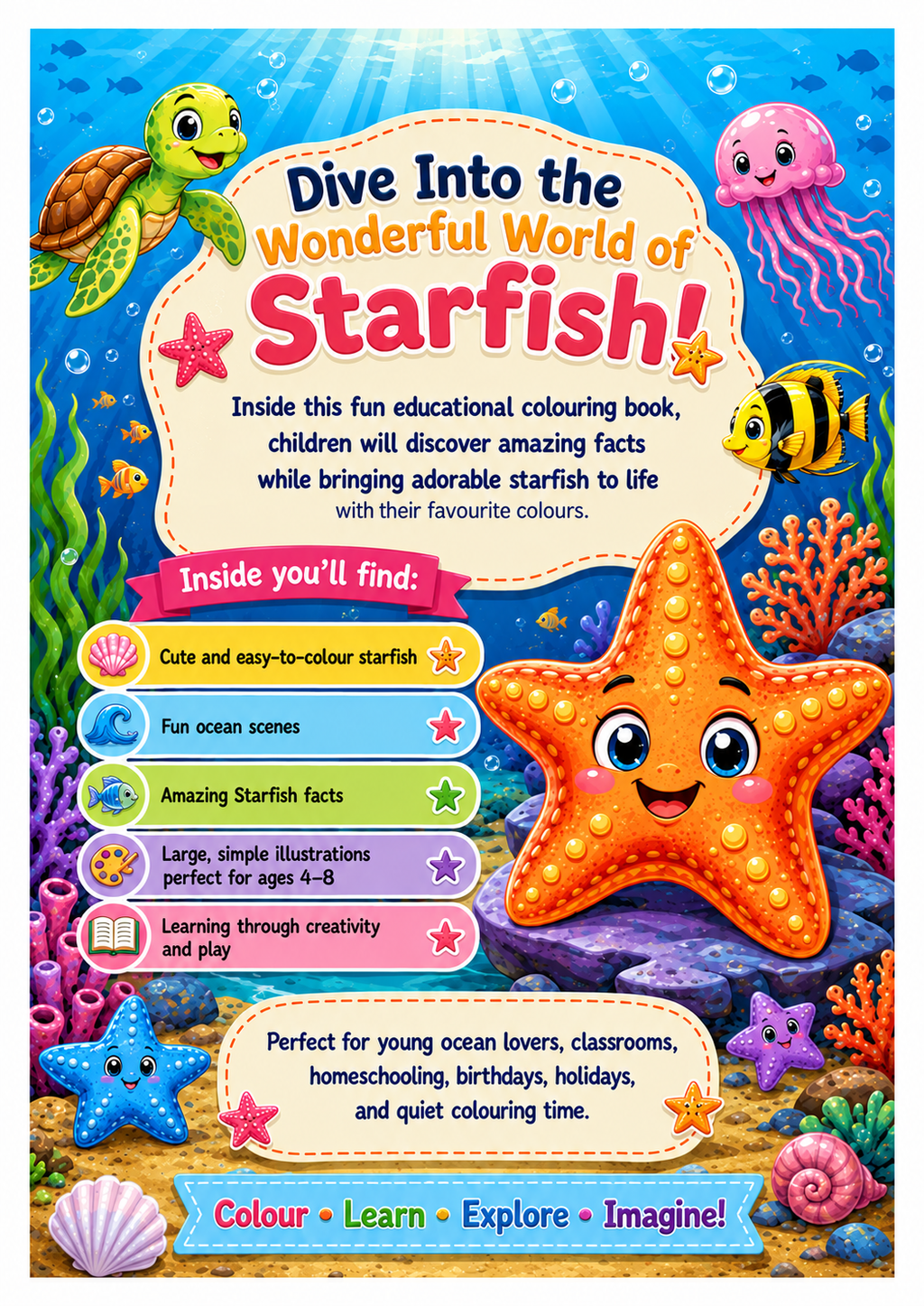 Starfish Colouring Book for Kids Ages 4–8 | Educational Ocean Activity PDF