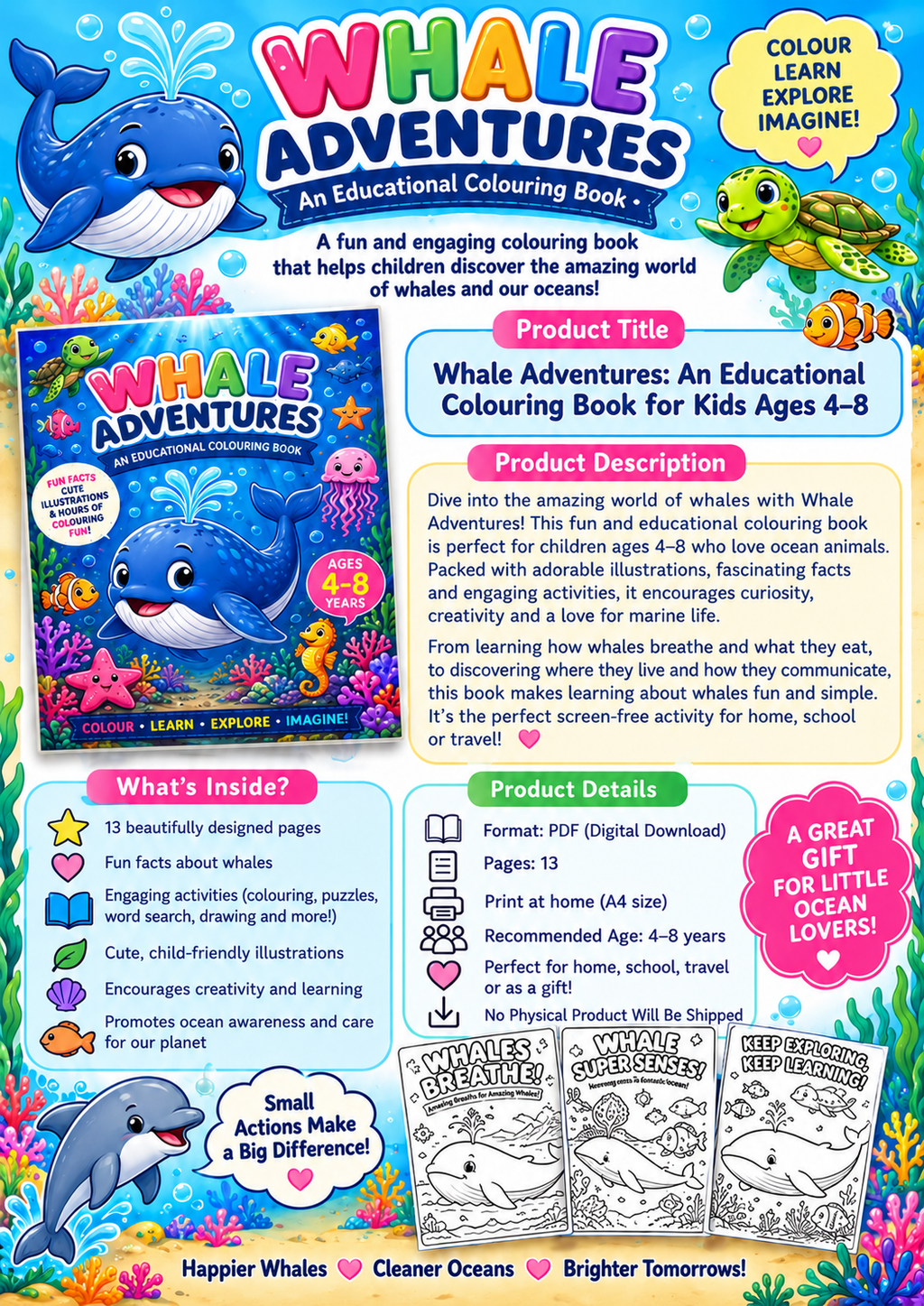 Whale Adventures | Educational Colouring Book Ages 4–8 | Printable PDF