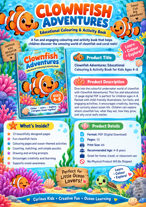 Clownfish Adventures | Educational Colouring & Activity Book Ages 4–8 | Printable PDF