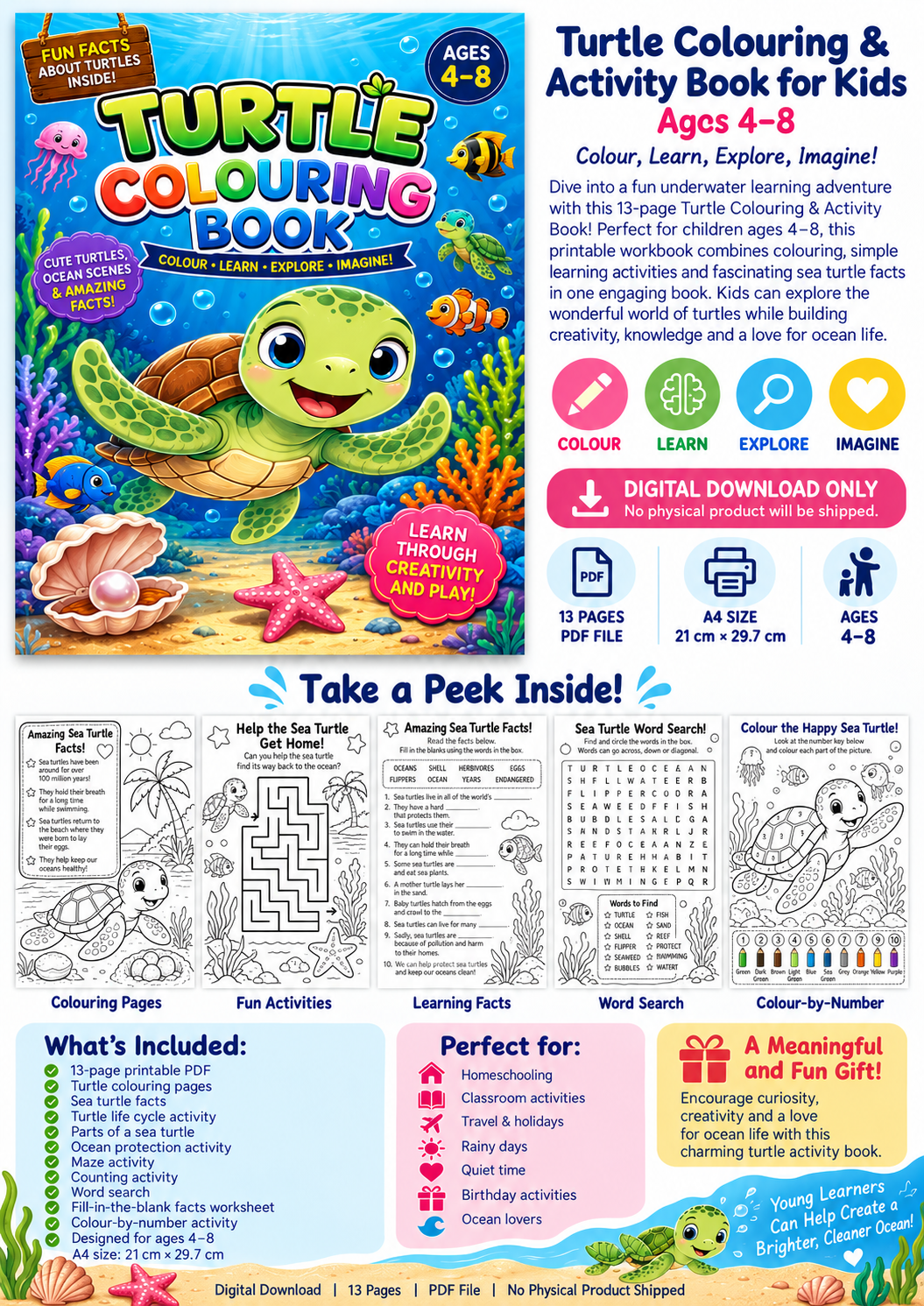 Turtle Colouring & Activity Book for Kids Ages 4–8 | Printable PDF Digital Download
