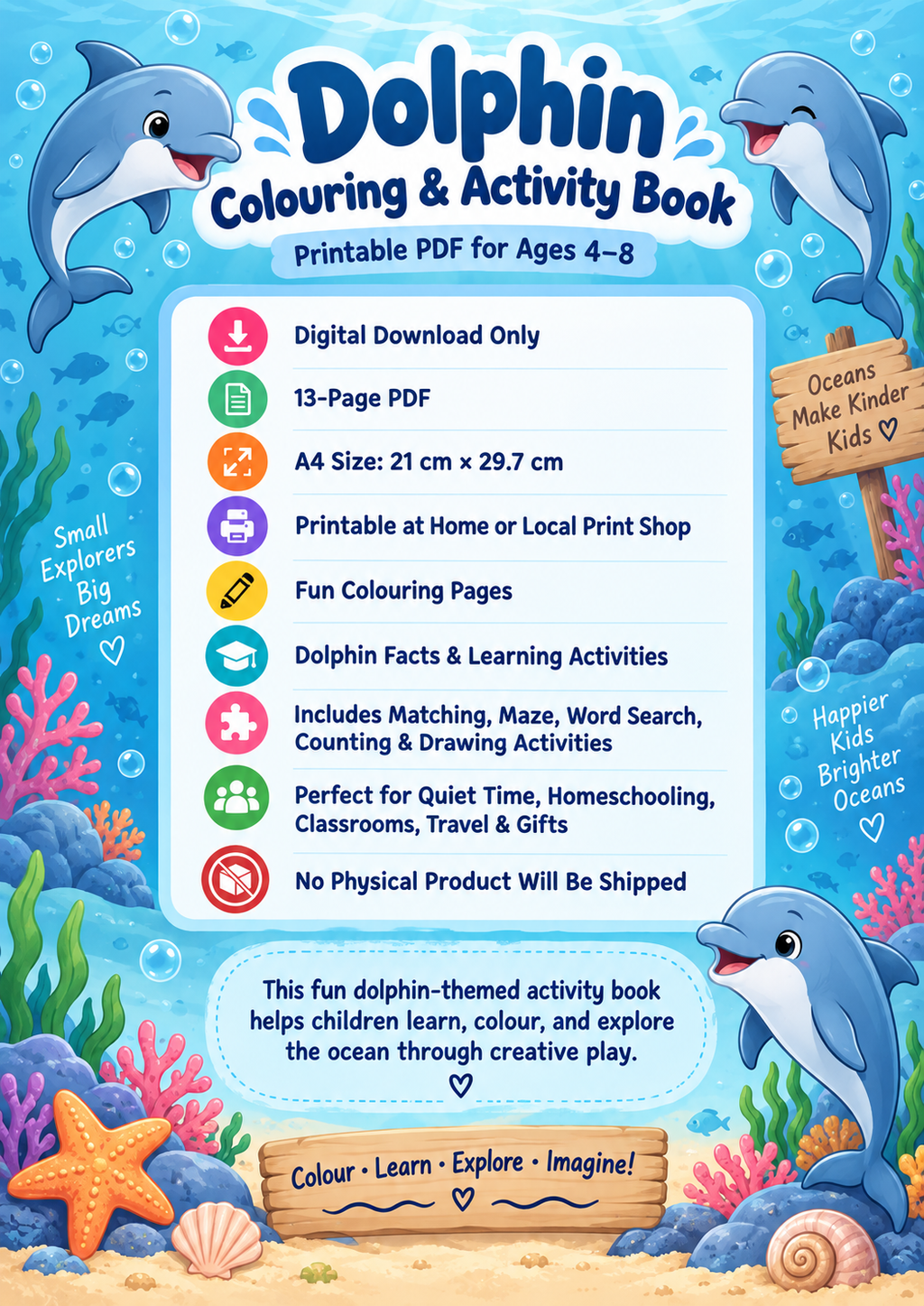 Dolphin Colouring & Activity Book for Kids Ages 4–8 | Printable 13-Page PDF