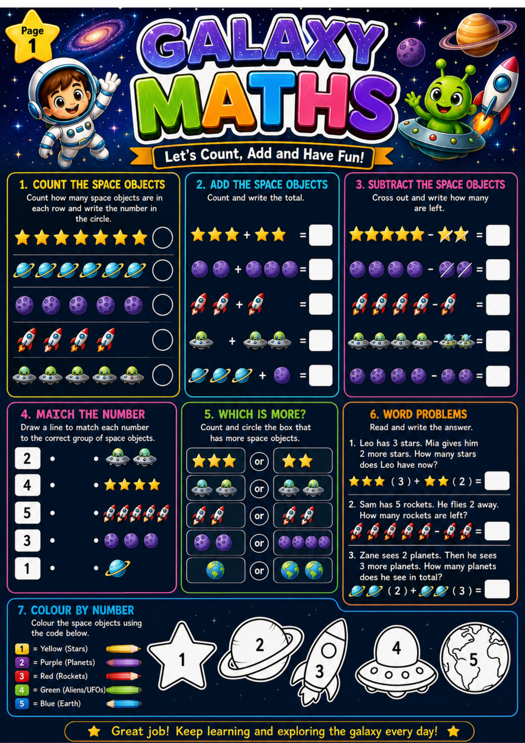 Galaxy Maths Activity & Colouring Book Ages 4–8 | Printable Maths PDF