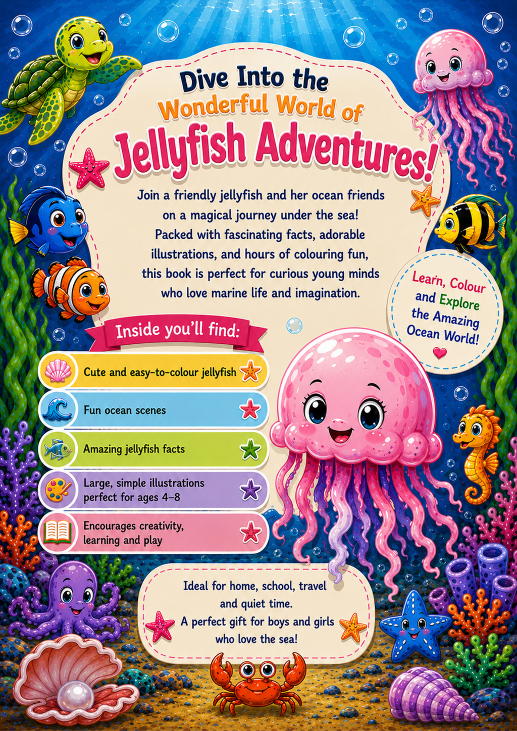 Jellyfish Adventures | Educational Colouring Book Ages 4–8 | Printable PDF