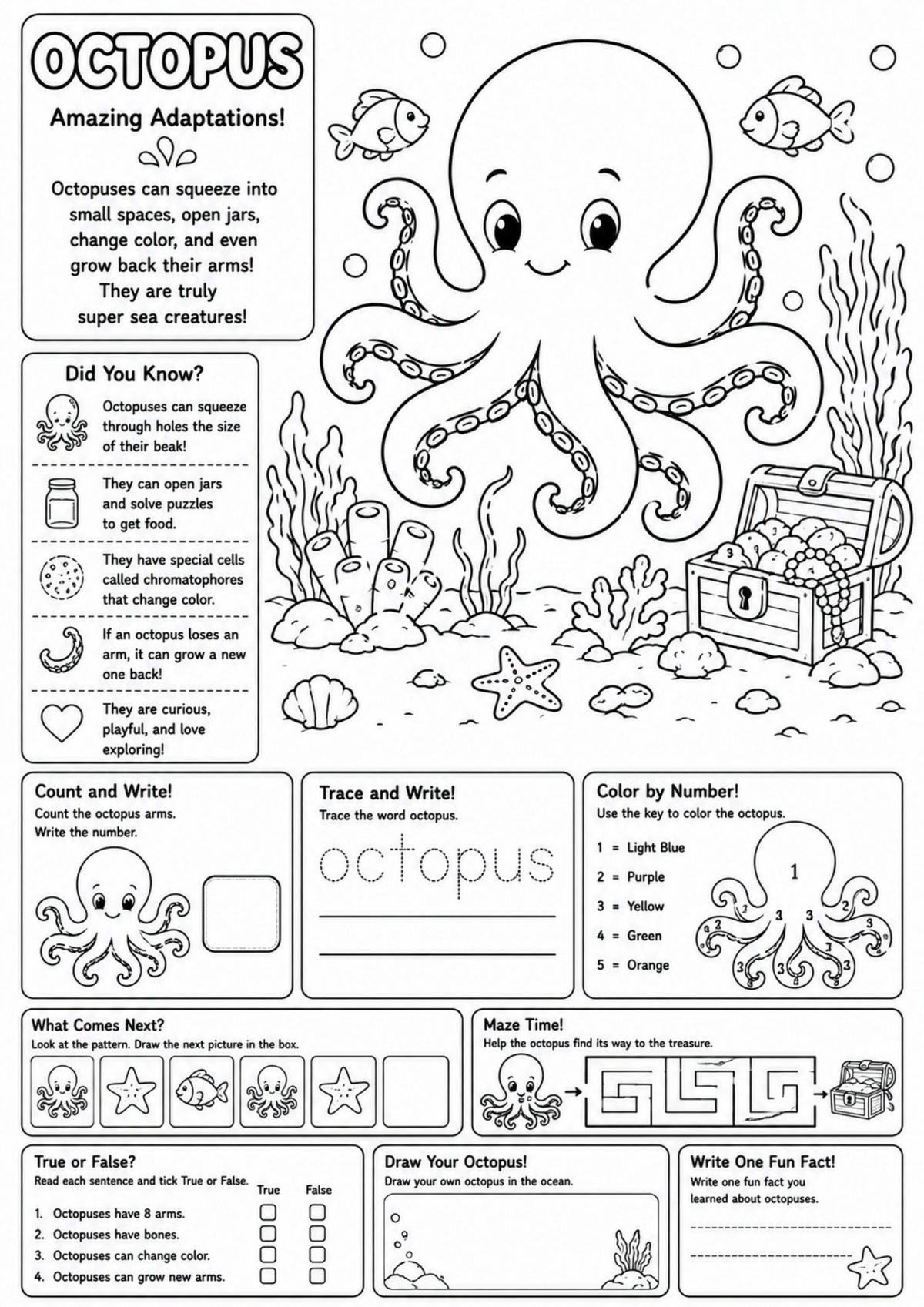 Octopus Adventures – Educational Colouring & Activity Book for Kids Ages 4–8 | 13-Page Digital PDF
