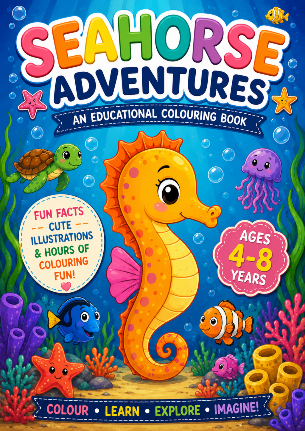 Seahorse Adventures | Educational Colouring Book Ages 4–8 | Printable PDF