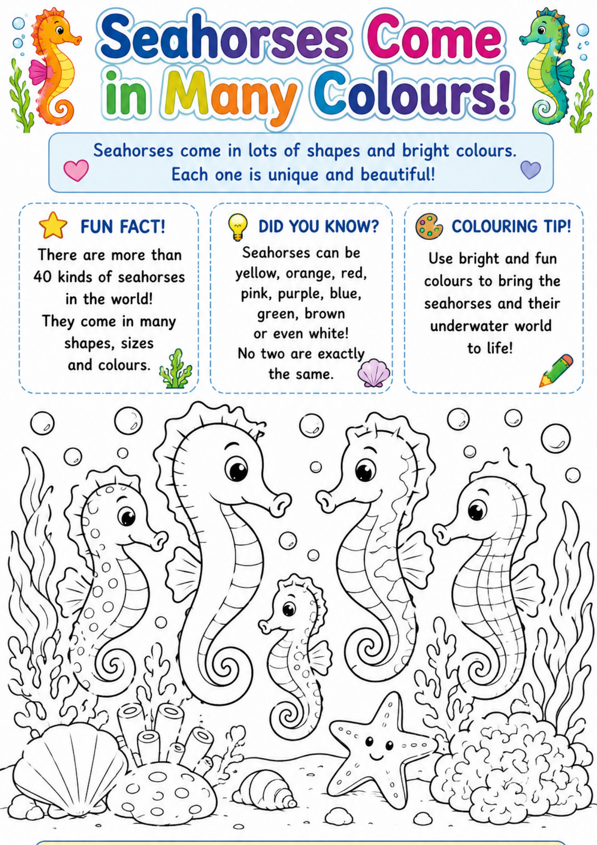 Seahorse Adventures | Educational Colouring Book Ages 4–8 | Printable PDF
