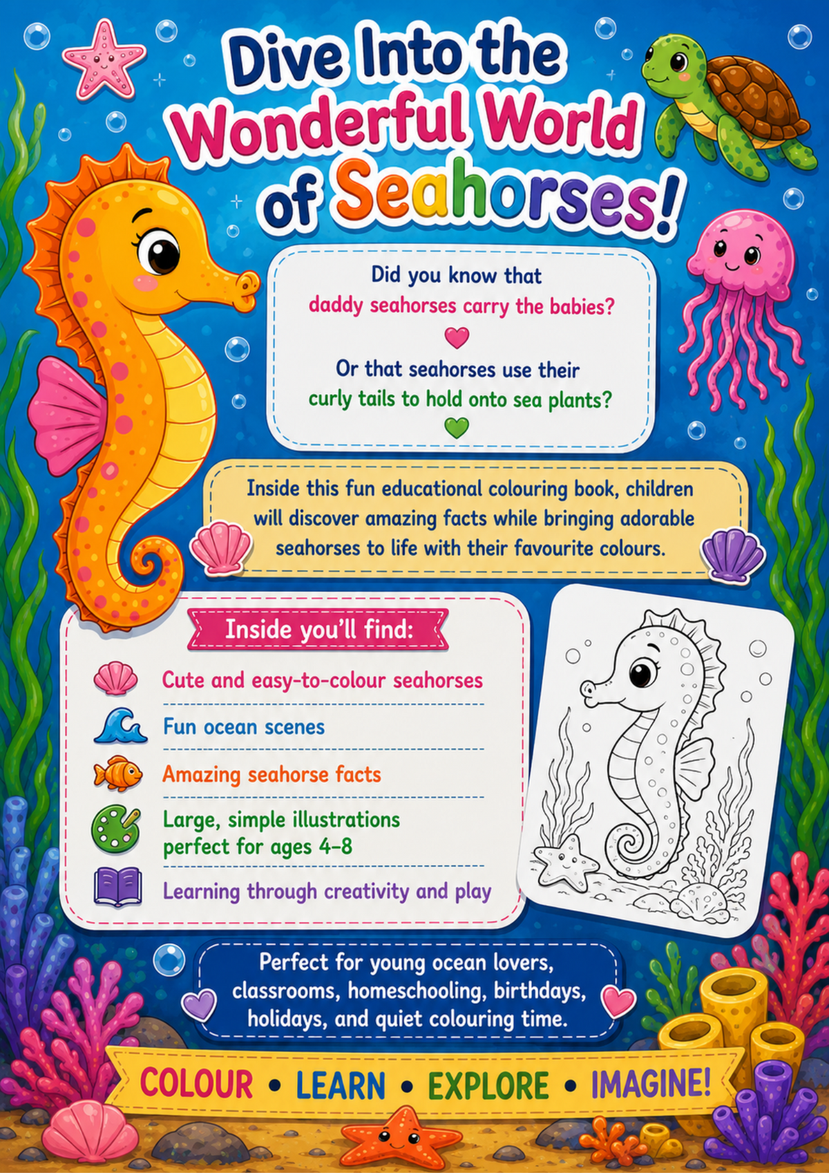 Seahorse Adventures | Educational Colouring Book Ages 4–8 | Printable PDF