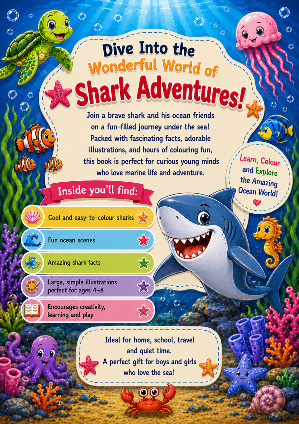 Shark Adventures | Educational Colouring Book Ages 4–8 | Printable PDF