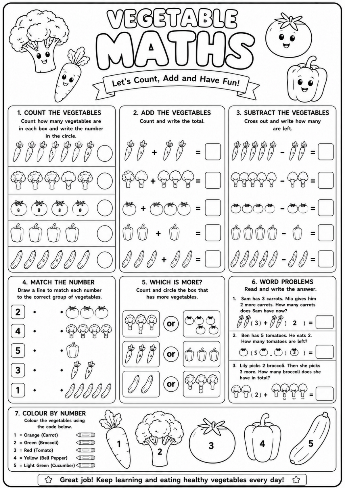 Vegetable Maths Activity & Colouring Book Ages 4–8 | Printable Maths PDF