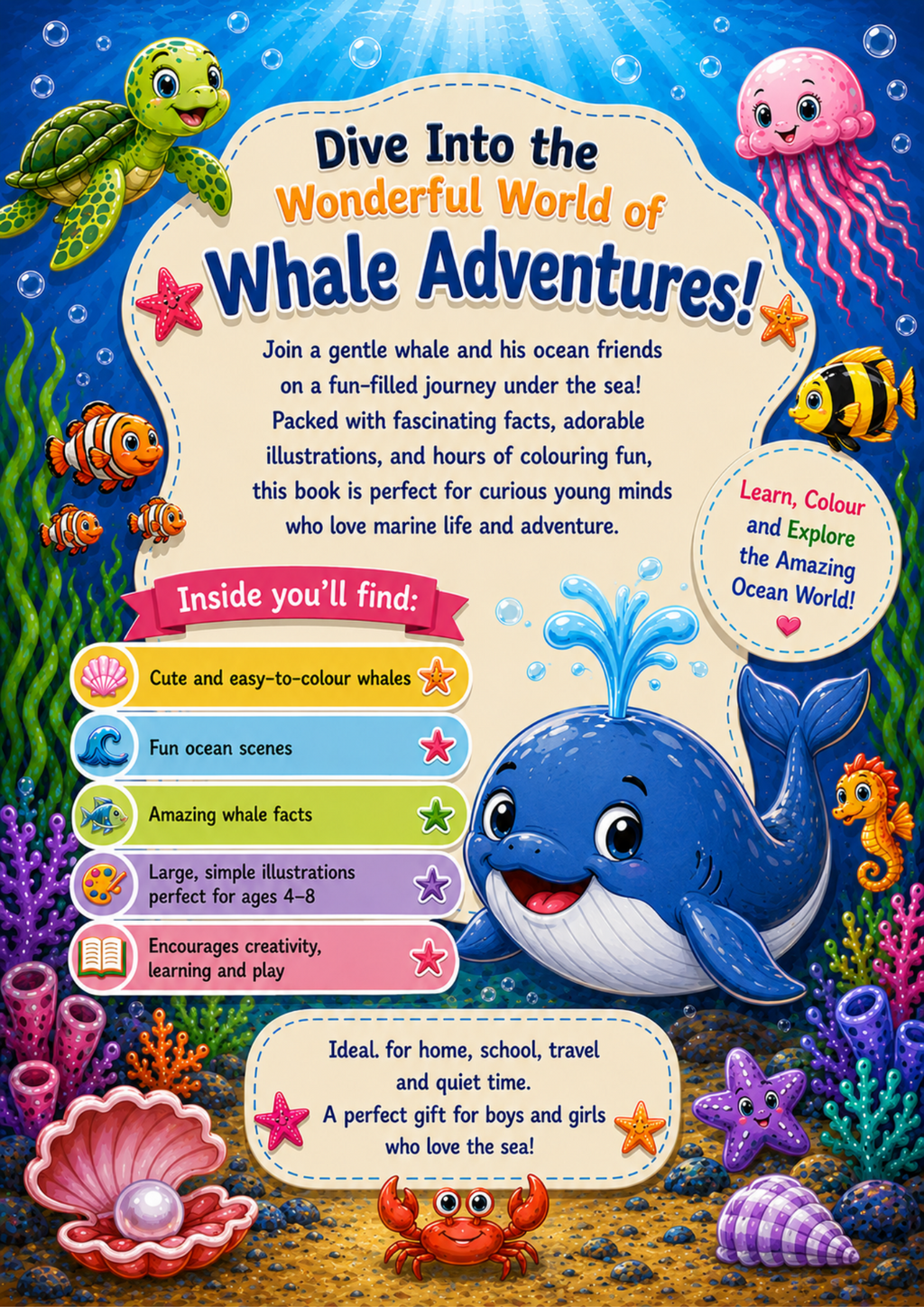 Whale Adventures | Educational Colouring Book Ages 4–8 | Printable PDF