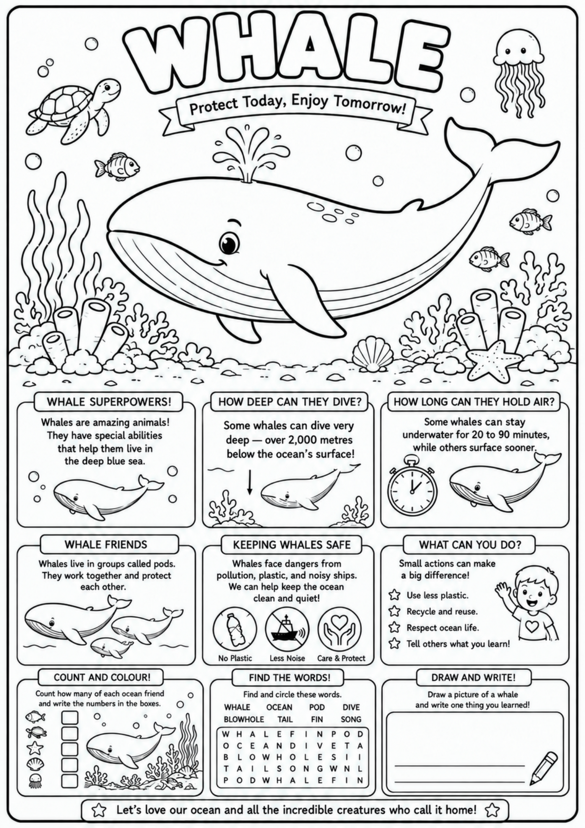 Whale Adventures | Educational Colouring Book Ages 4–8 | Printable PDF