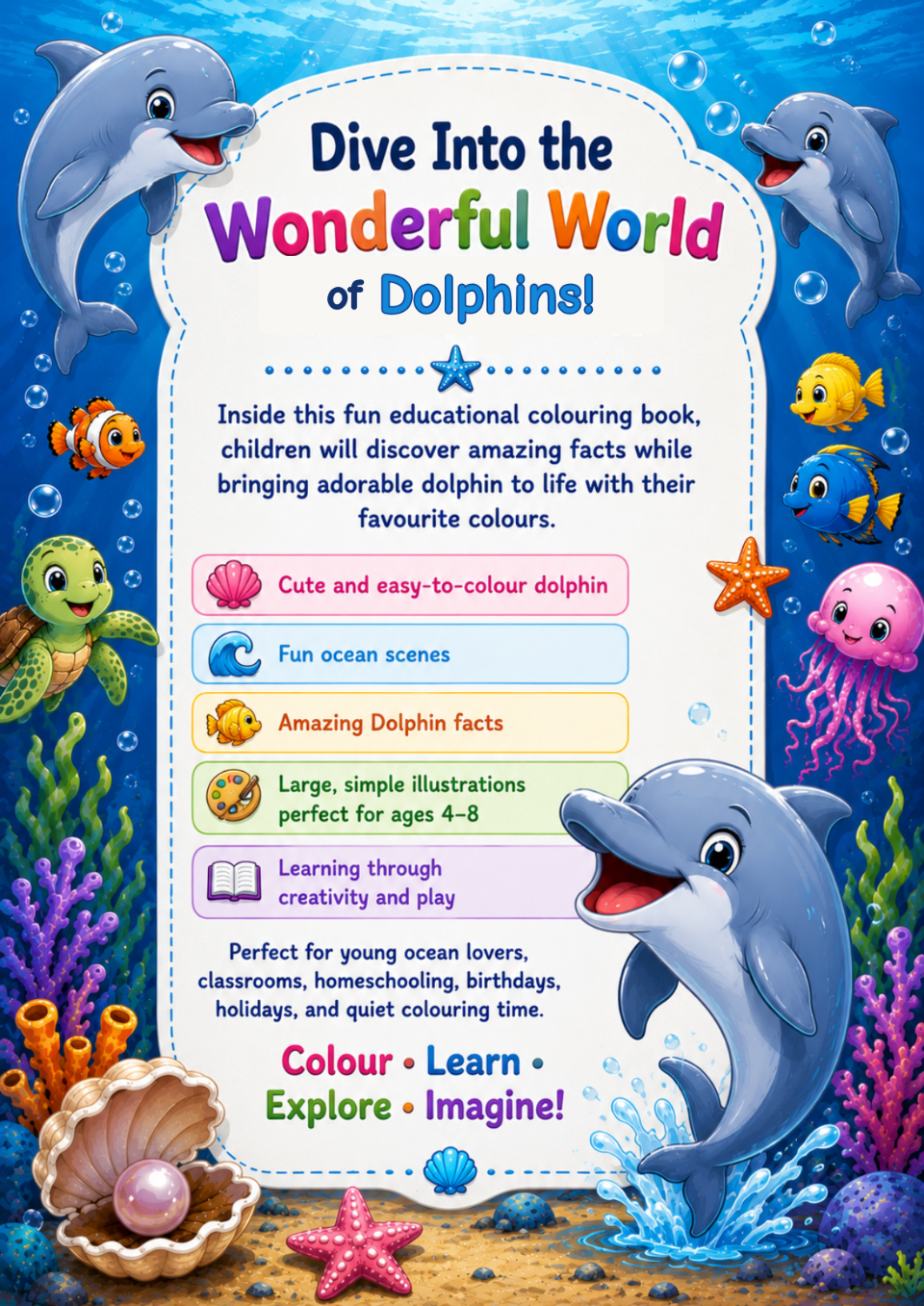 Dolphin Colouring & Activity Book for Kids Ages 4–8 | Printable 13-Page PDF