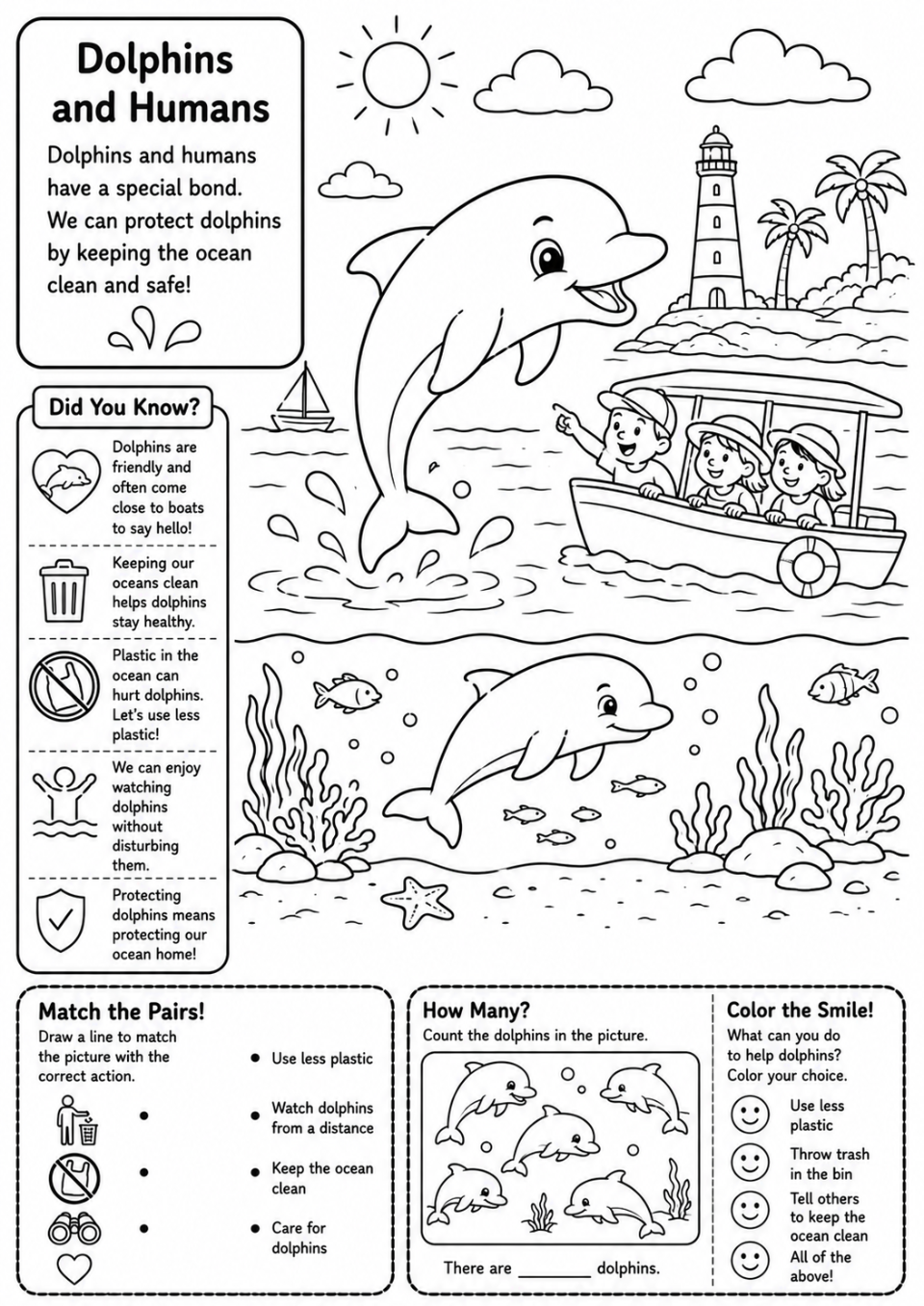 Dolphin Colouring & Activity Book for Kids Ages 4–8 | Printable 13-Page PDF